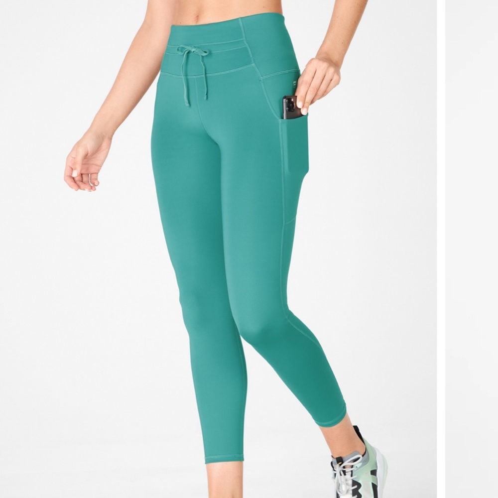 Fabletics High-Waisted Ultra Cool Shine Panel Teal Leggings Pants XS